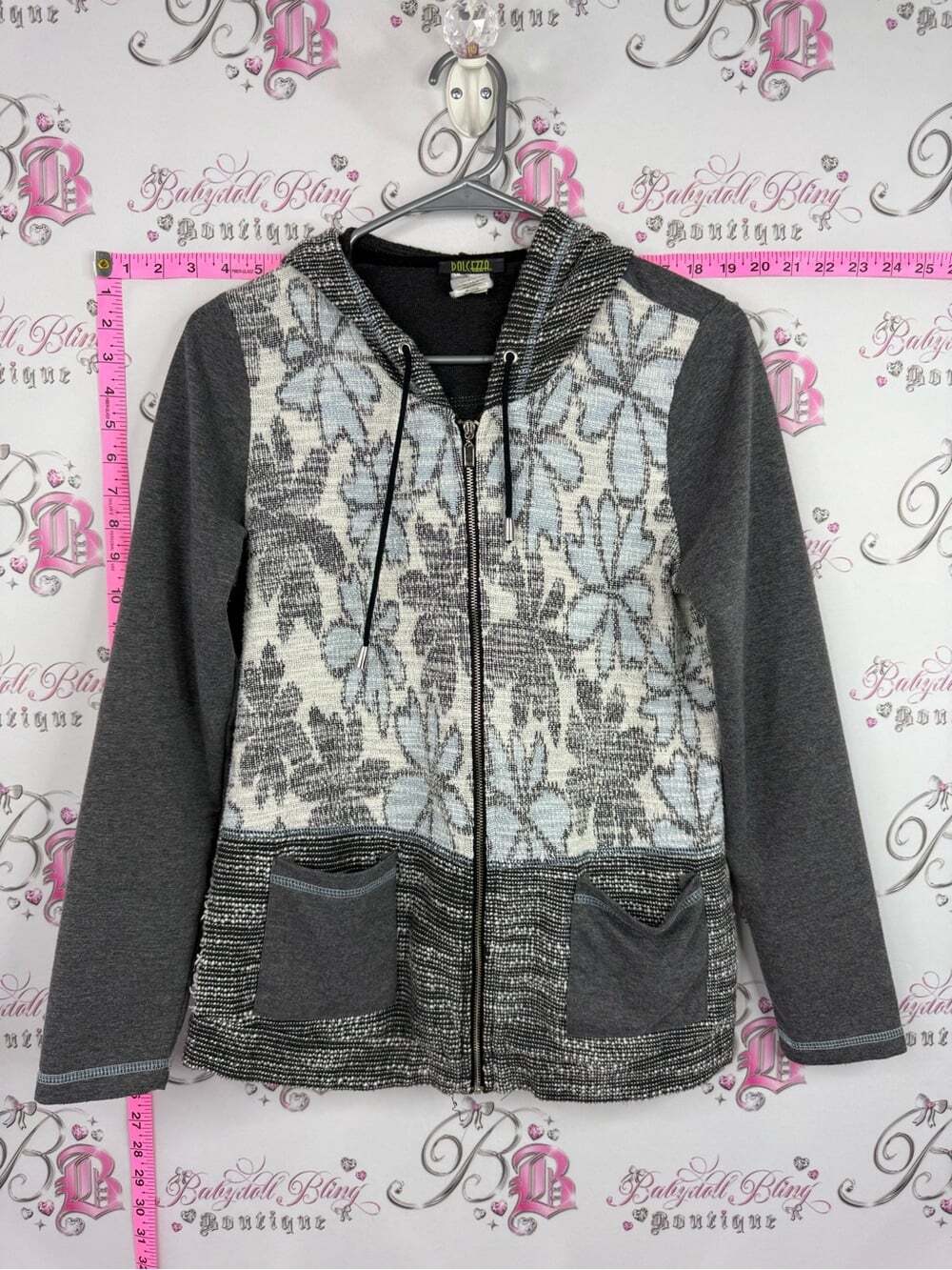 DOLCEZZA sweater hoodie Floral Knit Zip Hoodie in Gray by Dolcetto